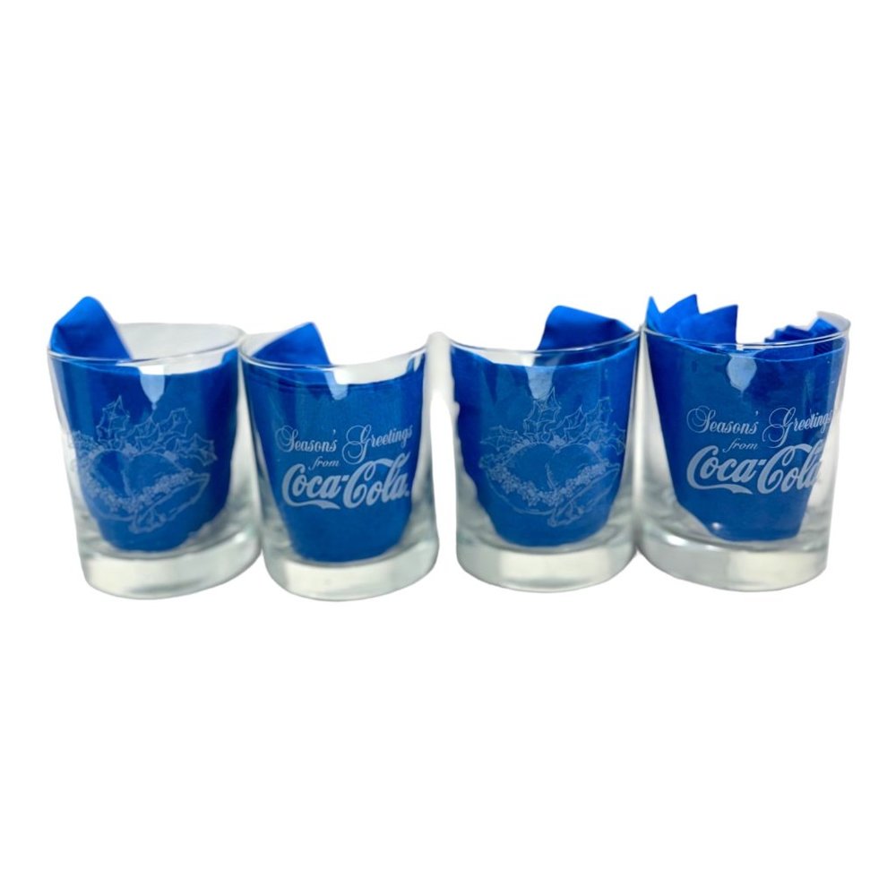 Coca-Cola Seasons Greetings Vintage Bells & Holly Rocks Glasses Set of 4 - Picture 3 of 7
